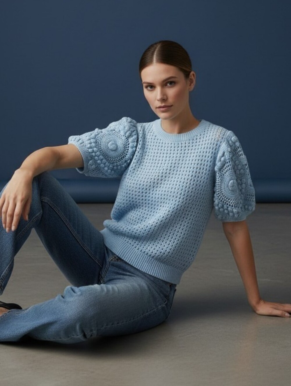 NWT STELLA PARDO Paris GRETA Crochet Puff Sleeve Popcorn Open Stitch Sweater Top